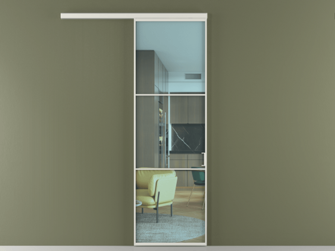 Перегородка Формато вдоль стены 1 створка АЛПР 040.03 Алюминий серый Прозрачное голубое стекло, триплекс Цена 801965 ₸  | Volhovec