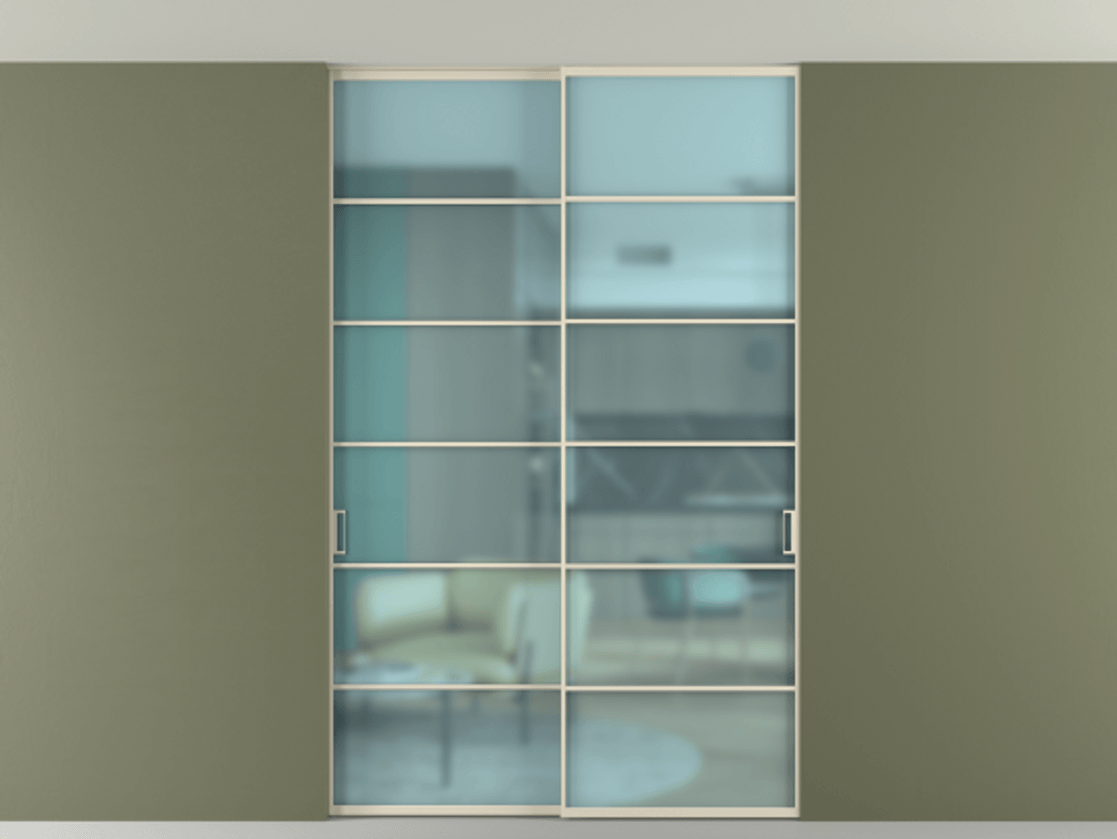 Перегородка Formato внутри проёма скрытое крепление в потолок 2 створки АЛПР 040.04 Алюминий бежево-серый Сатинированное голубое стекло, триплекс Цена 1913700 ₸ | Volhovec