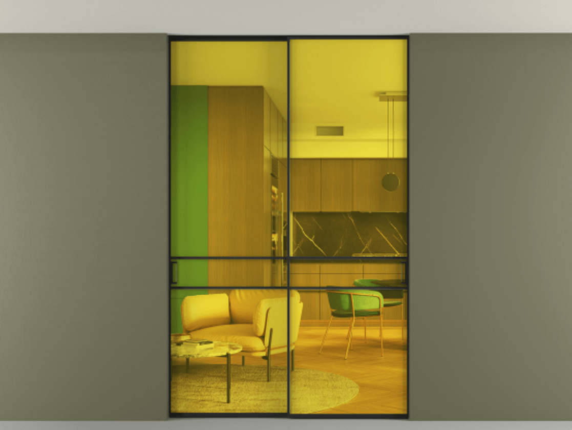 Перегородка Формато внутри проёма скрытое крепление в потолок 2 створки АЛПР 040.02 Алюминий Черный Прозрачное жёлтое стекло, триплекс Цена 1891058 ₸ | Volhovec