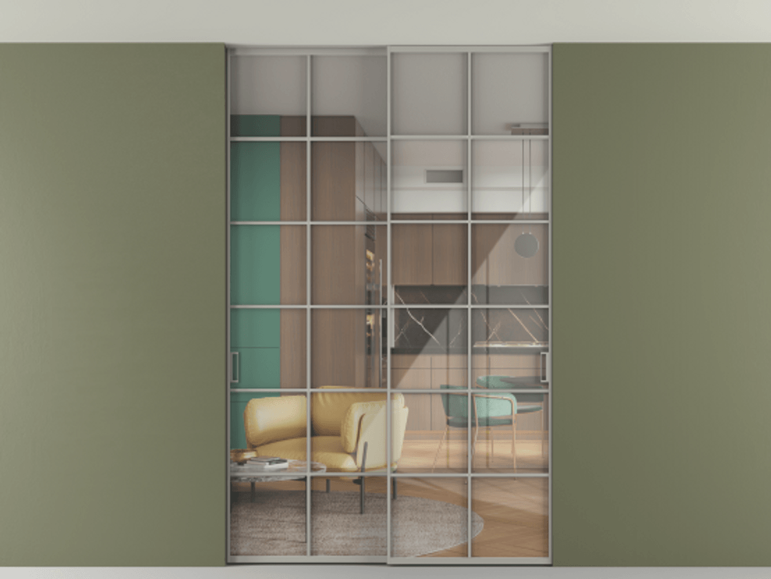 Перегородка Formato внутри проёма скрытое крепление в потолок 2 створки АЛПР 040.05 Алюминий нейтральный серый Рефлективное прозрачное стекло "Stopsol", калёное Цена 2013520 ₸ | Volhovec