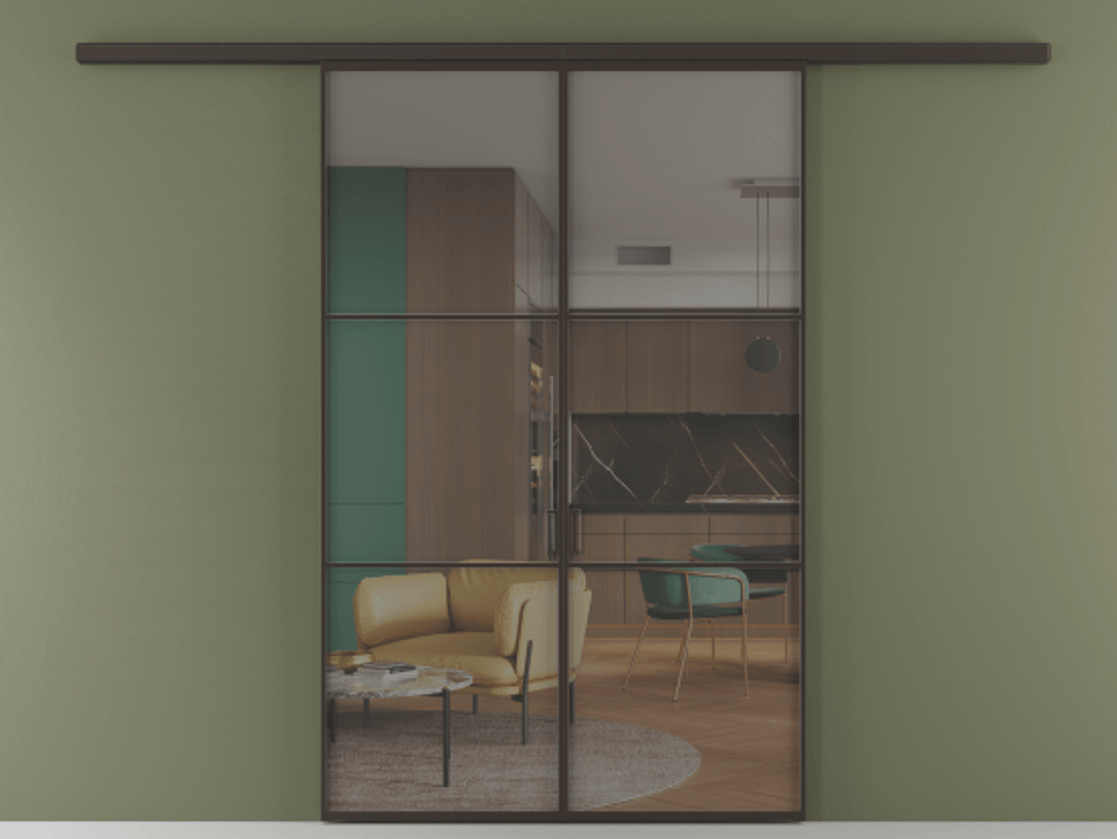 Перегородка Formato вдоль стены двустворчатая АЛПР 040.03 Алюминий антрацит Прозрачное серое стекло, триплекс Цена 1266470 ₸ | Volhovec