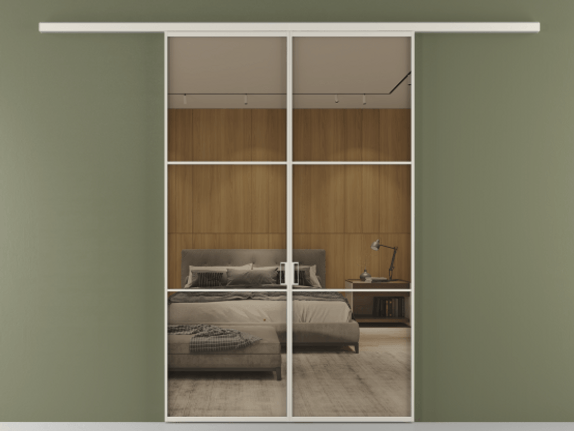 Перегородка Formato вдоль стены 2 створки АЛПР 040.03 Алюминий облачно-серый Рефлективное бронзовое стекло "Stopsol", калёное Цена 1553760 ₸ | Volhovec