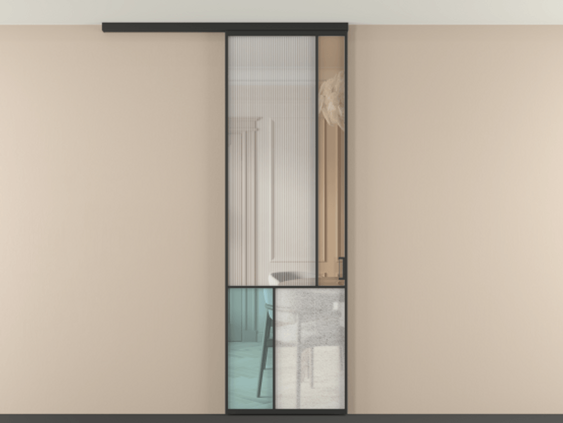 Перегородка Мозаик вдоль стены на потолок 1 створка АЛПР 041.21 Алюминий Черный Комбинация стекол Группы 1 и Группы 3 Цена 1024834 ₸ | Volhovec