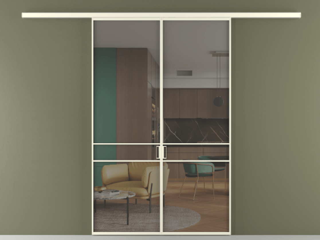 Перегородка Formato вдоль стены 2 створки АЛПР 040.02 Алюминий молочно-белый Прозрачное серое стекло, триплекс Цена 1266470 ₸ | Volhovec