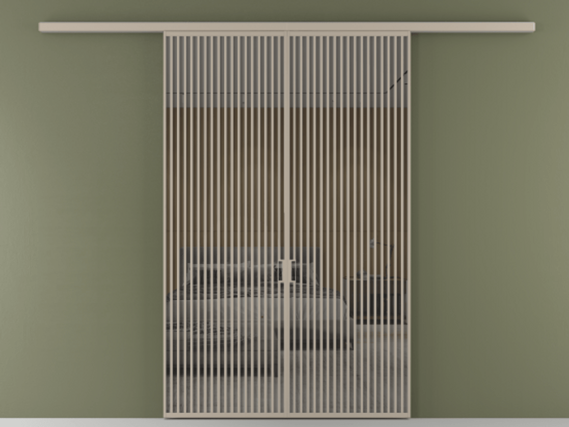 Перегородка Formato вдоль стены 2 створки АЛПР 040.06 Алюминий бисквитный Рефлективное серое стекло "Stopsol", калёное Цена 2776800 ₸ | Volhovec