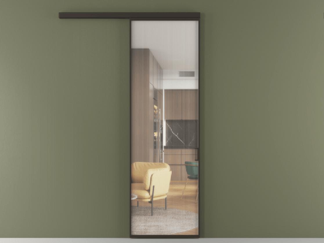 Перегородка Formato вдоль стены одностворчатая АЛПР 040.01 Алюминий антрацит Рифлёное стекло "Moru", триплекс, 8 мм Цена 730080 ₸  | Volhovec