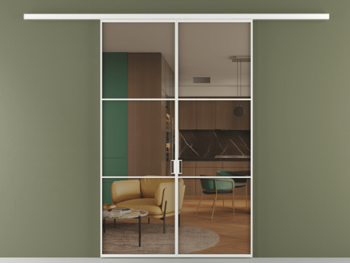 Перегородка Formato вдоль стены 2 створки АЛПР 040.03 Алюминий белоснежный Прозрачное бронзовое стекло, триплекс Цена 1266470 ₸ | Volhovec