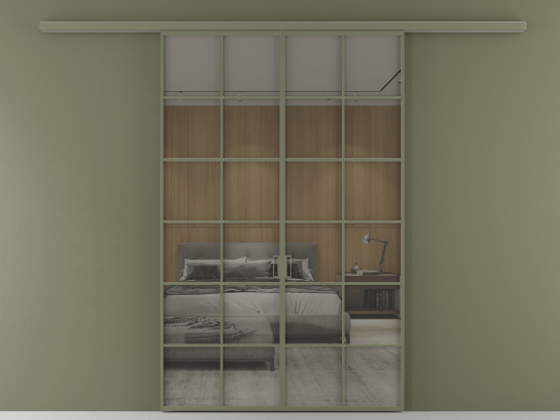 Перегородка Formato вдоль стены двустворчатая АЛПР 040.05 Алюминий оливковый тёмный Рефлективное серое стекло "Stopsol", калёное Цена 1651100 ₸ | Volhovec