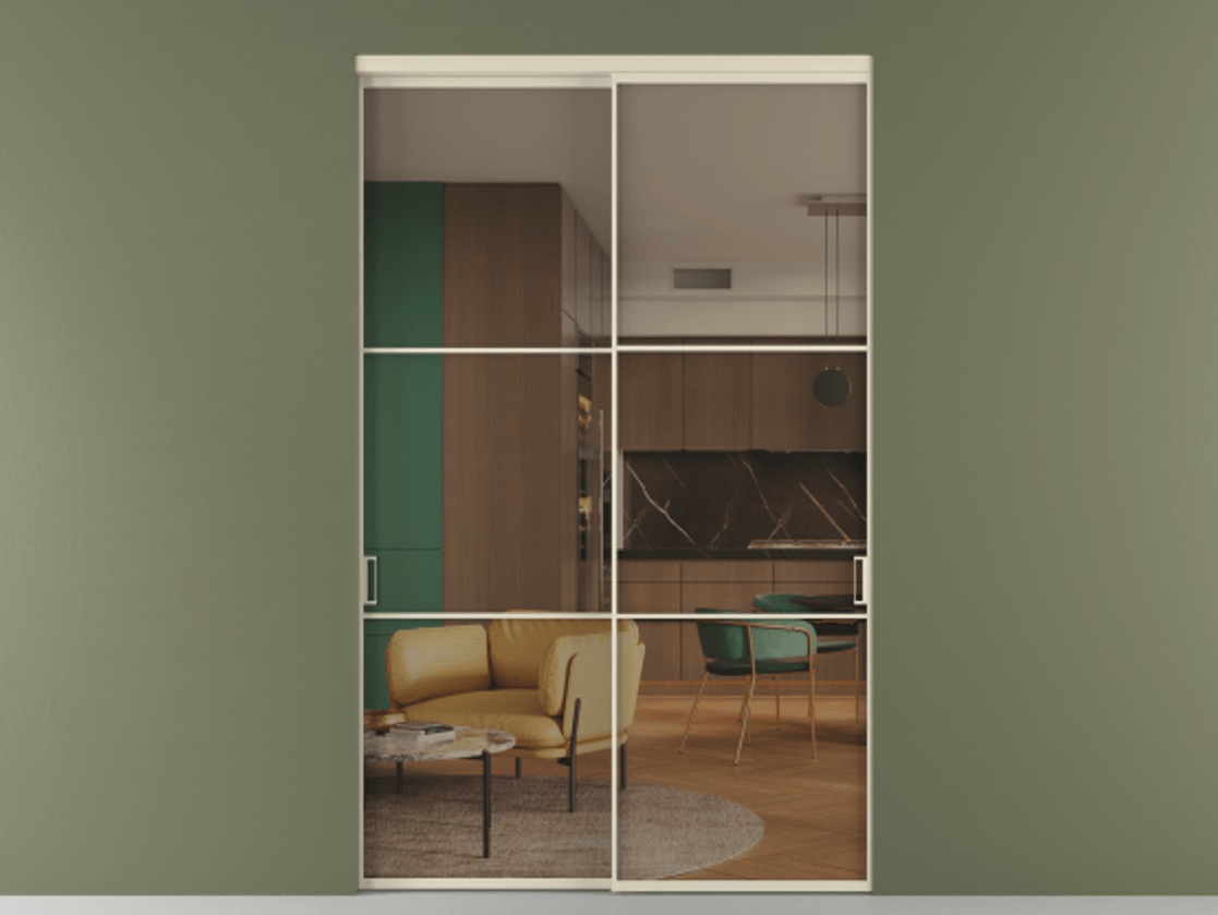 Межкомнатная дверь New Перегородка Formato внутри проёма двустворчатая АЛПР 040.03 Алюминий бежево-серый Прозрачное бронзовое стекло, триплекс Цена 2697300  | Volhovec