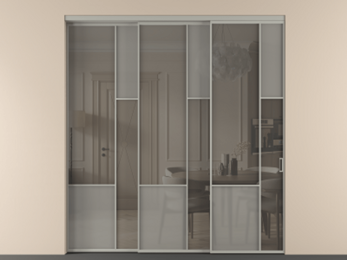 Перегородка Mosaic внутри проёма 3 створки с синхронным механизмом АЛПР 041.12 Алюминий нейтральный серый Сатинированное серое стекло, триплекс, 6 мм + Прозрачное серое стекло, триплекс Цена 2729310 ₸ | Volhovec