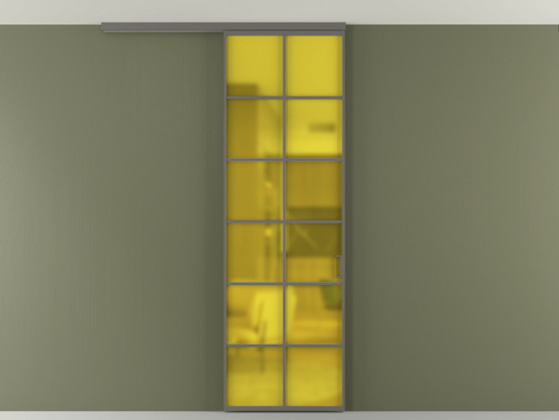 Перегородка Формато вдоль стены на потолок 1 створка АЛПР 040.05 Алюминий классический серый Сатинированное жёлтое стекло, триплекс Цена 780891 ₸ | Volhovec