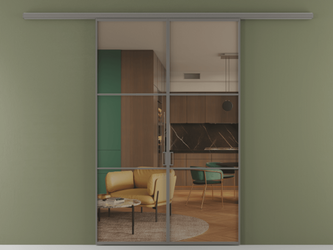 Перегородка Formato вдоль стены 2 створки АЛПР 040.03 Алюминий классический серый Прозрачное бронзовое стекло, триплекс Цена 1266470 ₸ | Volhovec