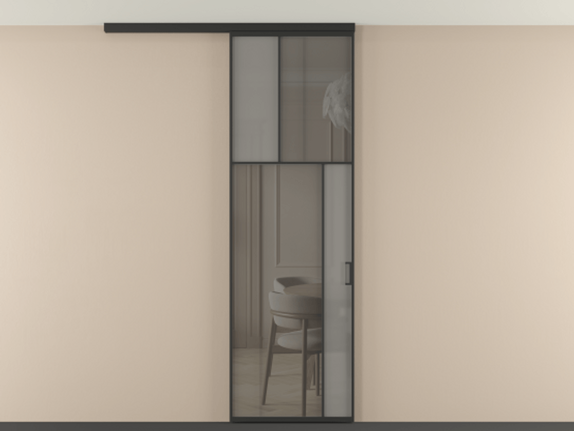 Перегородка Mosaic вдоль стены на потолок 1 створка АЛПР 041.23 Алюминий Черный Сатинированное серое стекло, триплекс, 6 мм + Прозрачное серое стекло, триплекс Цена 808450 ₸ | Volhovec