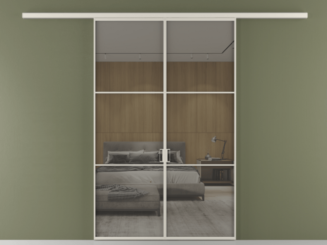 Перегородка Formato вдоль стены 2 створки АЛПР 040.03 Алюминий облачно-серый Рефлективное серое стекло "Stopsol", калёное Цена 1553760 ₸ | Volhovec