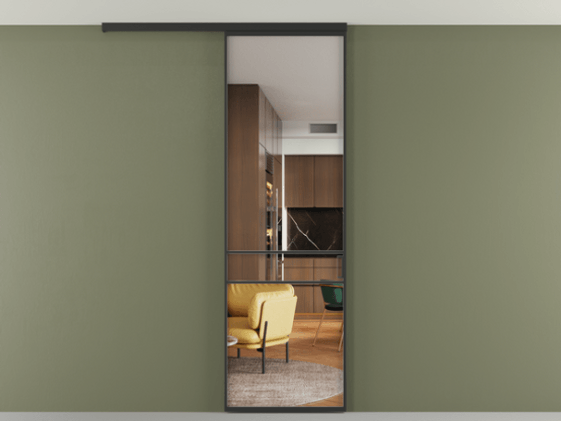 Перегородка Формато вдоль стены на потолок 1 створка АЛПР 040.02 Алюминий Черный Прозрачное стекло "Кристал Вижн", калёное Цена 913626 ₸ | Volhovec