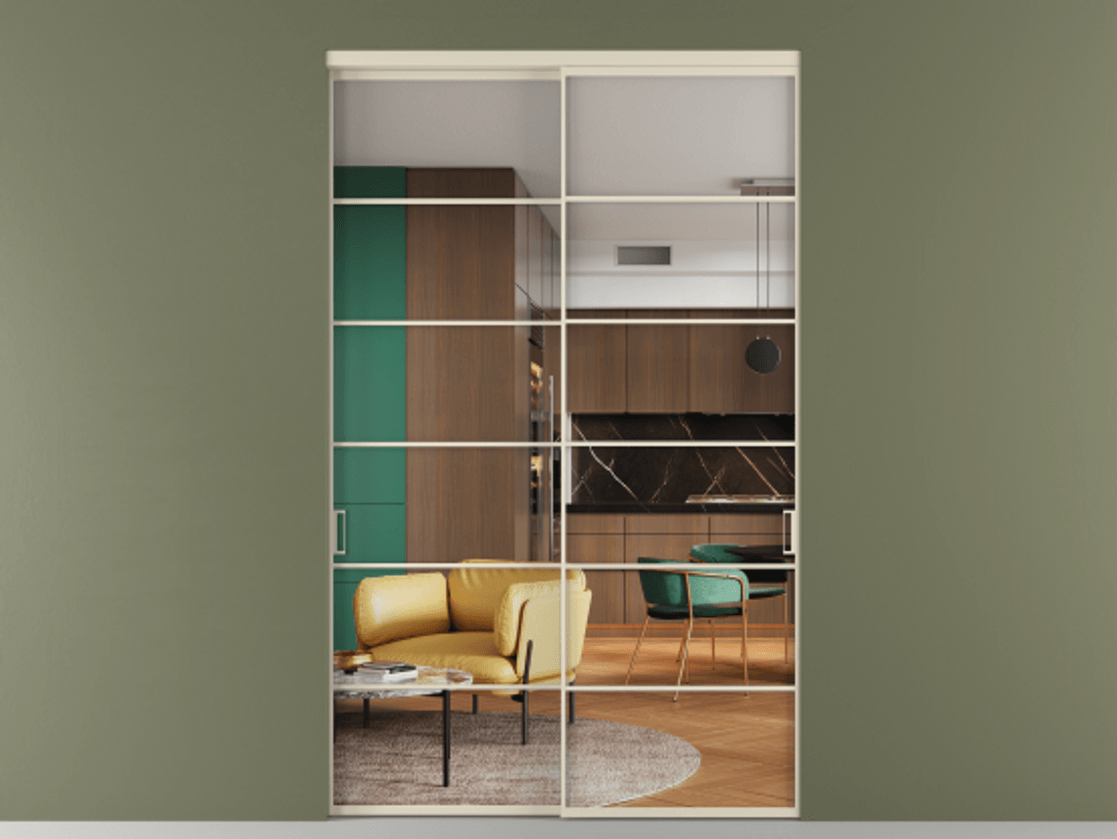 Перегородка Formato внутри проёма 2 створки АЛПР 040.04 Алюминий бежево-серый Прозрачное стекло "Crystal Vision", калёное Цена 3081940 ₸  | Volhovec