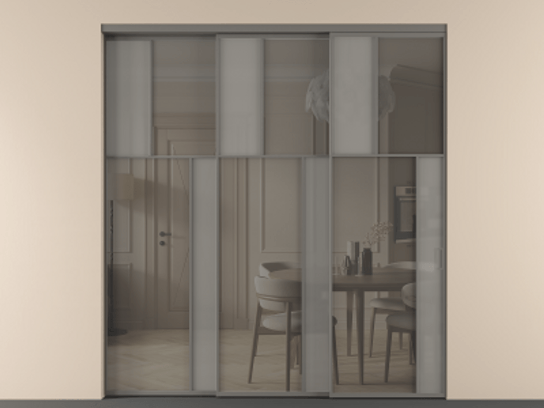 Перегородка Mosaic внутри проёма 3 створки с синхронным механизмом АЛПР 041.23 Алюминий классический серый Сатинированное серое стекло, триплекс, 6 мм + Прозрачное серое стекло, триплекс Цена 2729310 ₸ | Volhovec