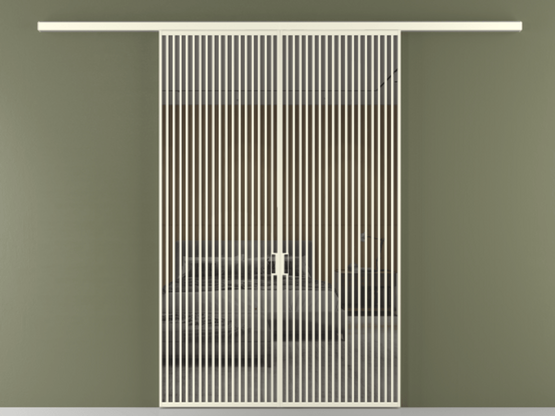 Перегородка Formato вдоль стены 2 створки АЛПР 040.06 Алюминий молочно-белый Рефлективное серое стекло "Stopsol", калёное Цена 2776800 ₸ | Volhovec