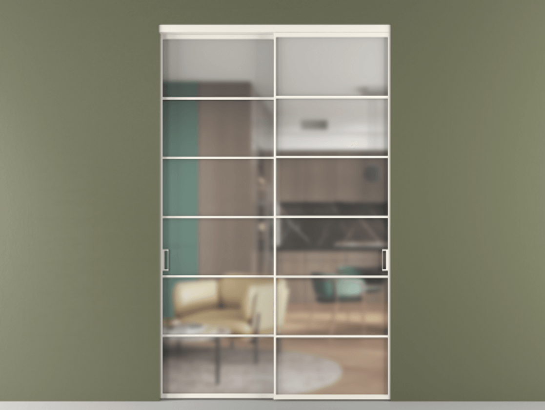 Перегородка Formato внутри проёма 2 створки АЛПР 040.04 Алюминий пудровый белый Сатинированное стекло "Matelux Crystal Vision", калёное, матовое, каленое 6 мм Цена 3081940 ₸  | Volhovec