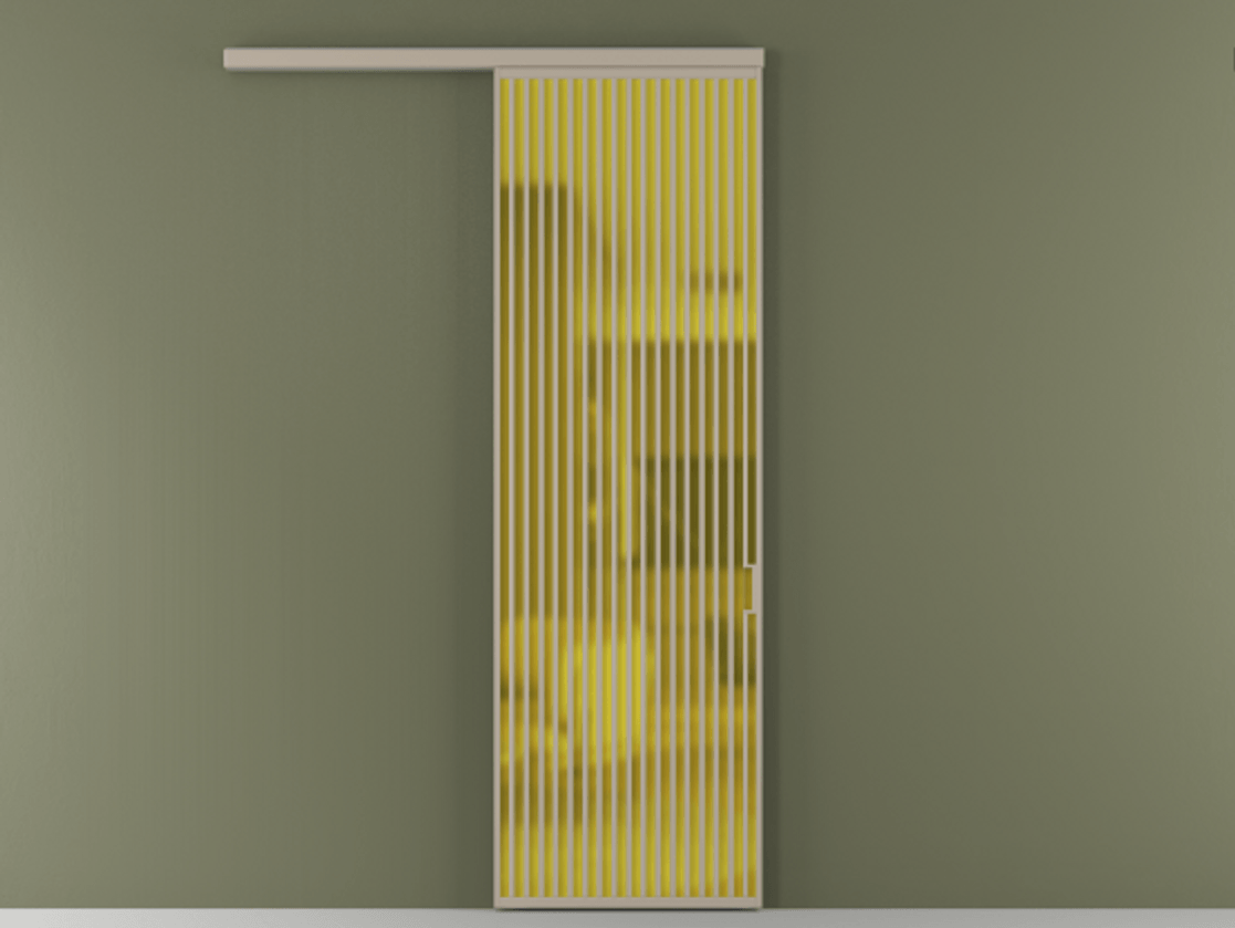 Перегородка Формато вдоль стены 1 створка АЛПР 040.06 Алюминий бисквитный Сатинированное жёлтое стекло, триплекс Цена 1329237 ₸  | Volhovec