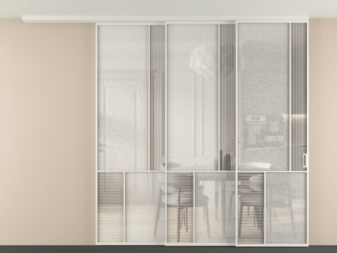 Перегородка Mosaic вдоль стены на потолок 3 створки с синхронным механизмом АЛПР 041.21 Алюминий Белый Рифлёное стекло "Дюна", триплекс, 6 мм + Фактурное стекло "Лёд", триплекс Цена 2992080 ₸ | Volhovec