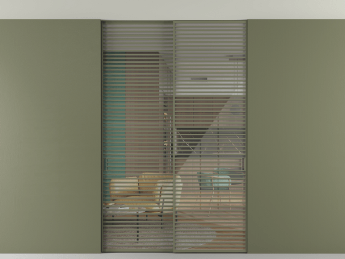 Перегородка Formato внутри проёма скрытое крепление в потолок 2 створки АЛПР 040.07 Алюминий оливковый тёмный Рефлективное прозрачное стекло "Stopsol", калёное Цена 3251790 ₸ | Volhovec