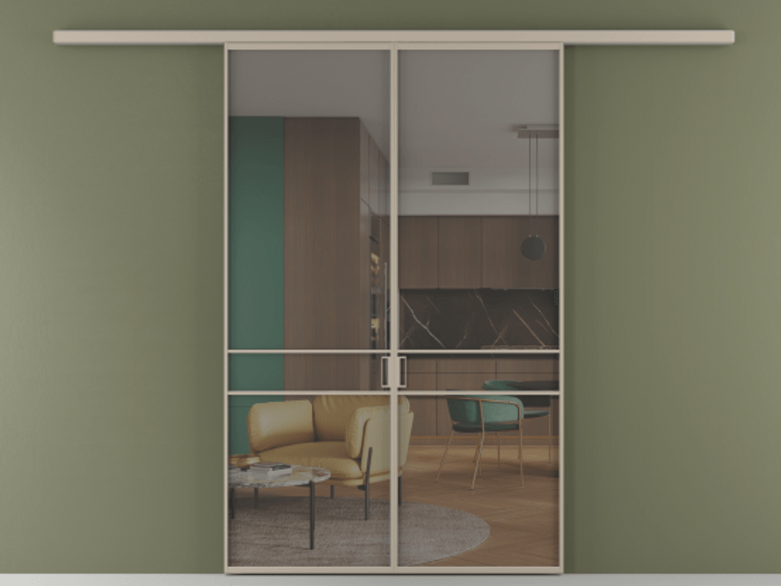 Перегородка Formato вдоль стены 2 створки АЛПР 040.02 Алюминий бисквитный Прозрачное серое стекло, триплекс Цена 1266470 ₸ | Volhovec