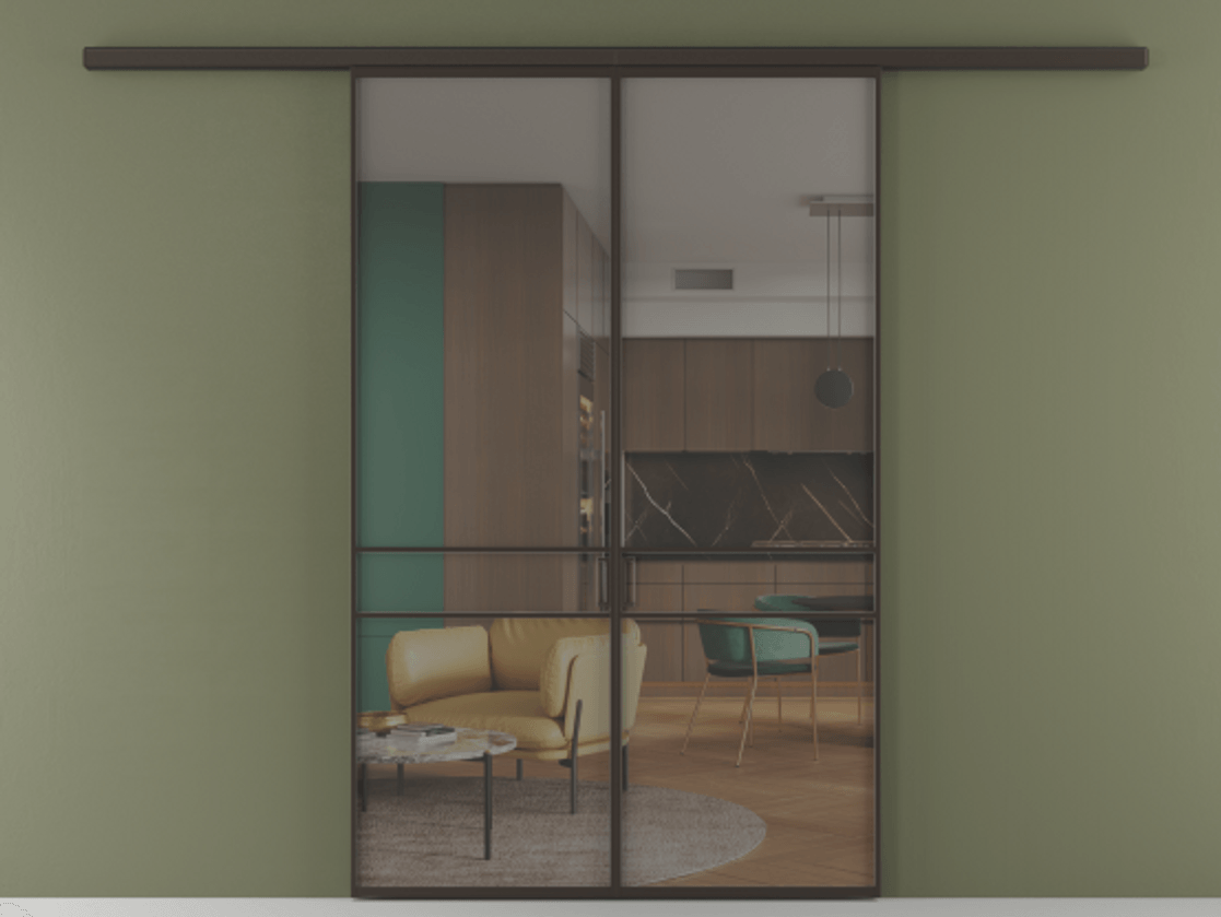 Перегородка Formato вдоль стены двустворчатая АЛПР 040.02 Алюминий антрацит Прозрачное серое стекло, триплекс Цена 1266470 ₸ | Volhovec