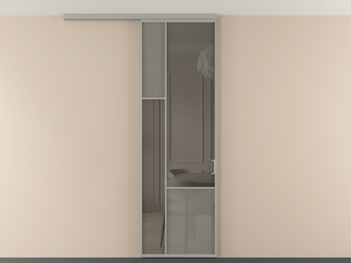 Перегородка Мозаик вдоль стены на потолок 1 створка АЛПР 041.13 Алюминий нейтральный серый Сатинированное серое стекло, триплекс, 6 мм + Прозрачное серое стекло, триплекс Цена 1020902 ₸ | Volhovec