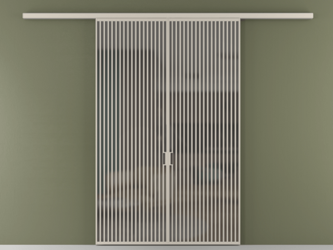 Перегородка Formato вдоль стены двустворчатая АЛПР 040.06 Алюминий светло-бежевый Сатинированное серое стекло, триплекс Цена 2244900 ₸ | Volhovec