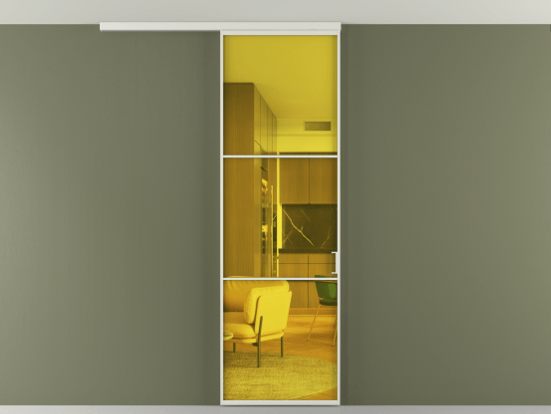 Перегородка Формато вдоль стены на потолок 1 створка АЛПР 040.03 Алюминий серый Прозрачное жёлтое стекло, триплекс Цена 732243 ₸ | Volhovec