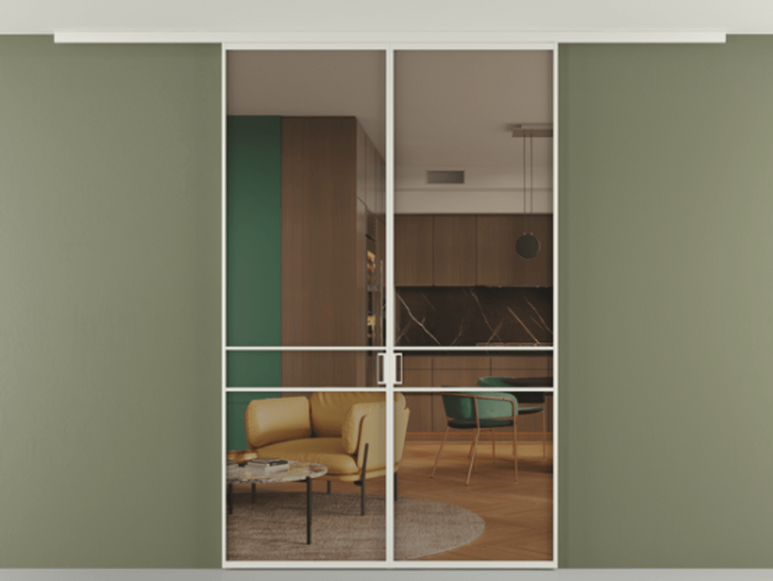 Перегородка Formato вдоль стены на потолок 2 створки АЛПР 040.02 Алюминий Белый Прозрачное бронзовое стекло, триплекс Цена 1169630 ₸ | Volhovec