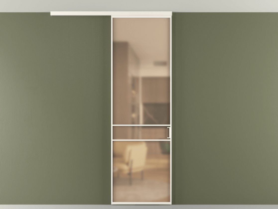 Перегородка Формато вдоль стены на потолок 1 створка АЛПР 040.02 Алюминий пудровый белый Сатинированное оранжевое стекло, триплекс Цена 732243 ₸ | Volhovec