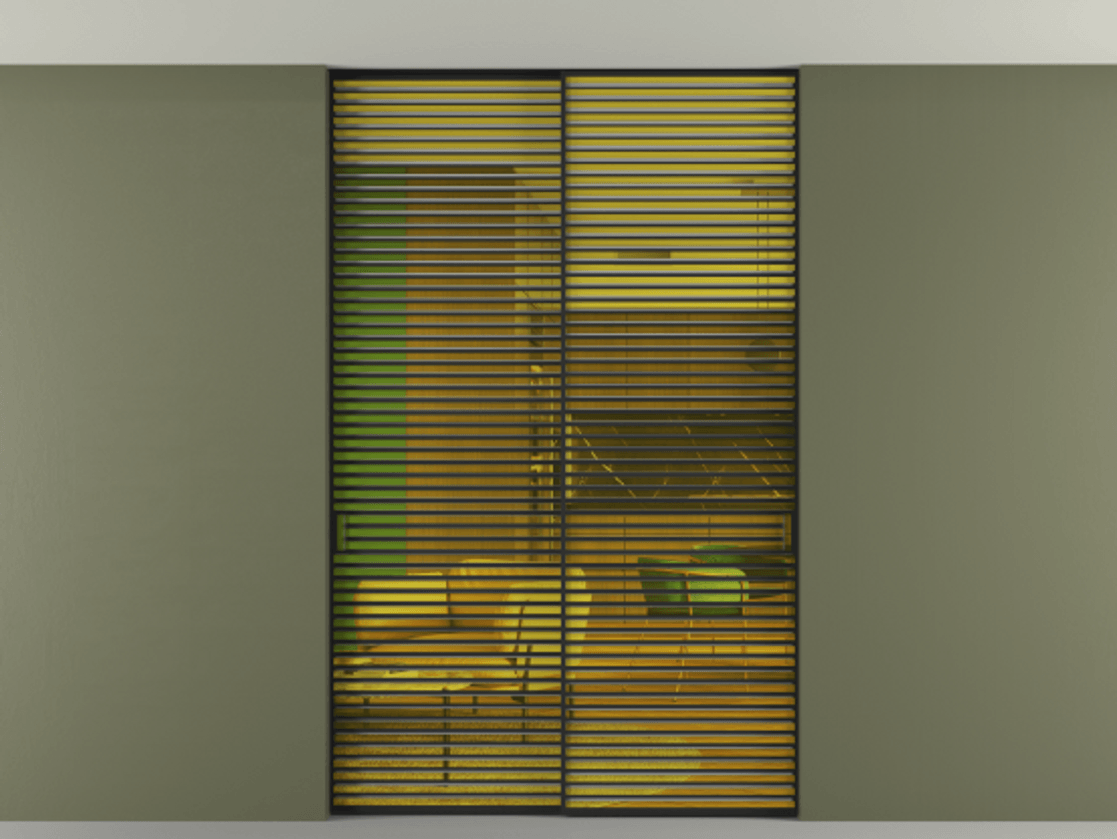 Перегородка Formato внутри проёма скрытое крепление в потолок 2 створки АЛПР 040.07 Алюминий Черный Прозрачное жёлтое стекло, триплекс Цена 2585500 ₸ | Volhovec