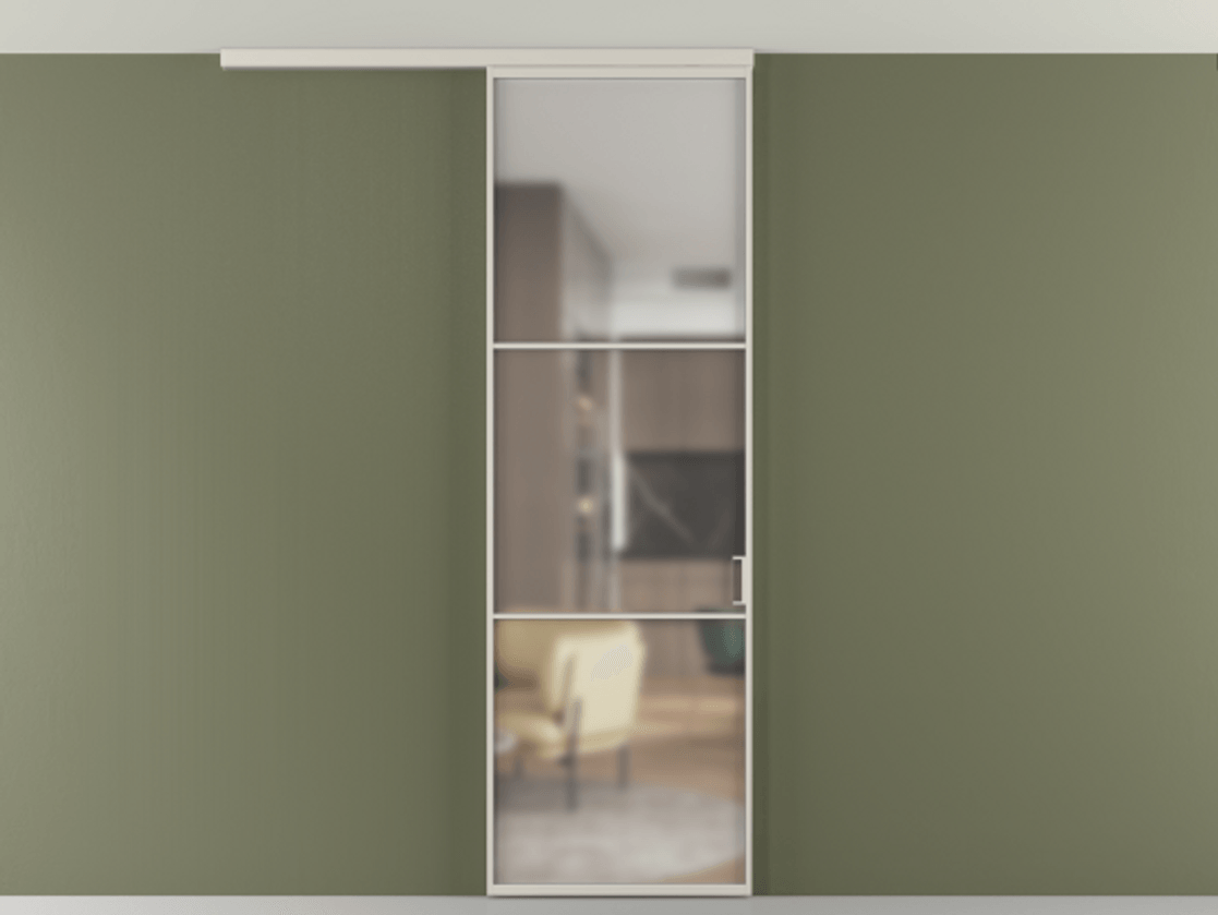 Перегородка Формато вдоль стены на потолок 1 створка АЛПР 040.03 Алюминий облачно-серый Сатинированное стекло "Мателюкс Кристал Вижн", калёное, матовое, каленое 6 мм Цена 948856 ₸ | Volhovec