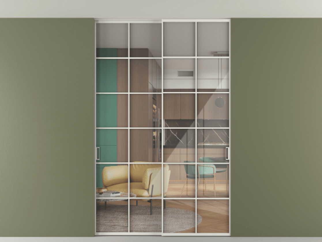 Перегородка Formato внутри проёма скрытое крепление в потолок 2 створки АЛПР 040.05 Алюминий серый Рефлективное прозрачное стекло "Stopsol", калёное Цена 2013520 ₸ | Volhovec