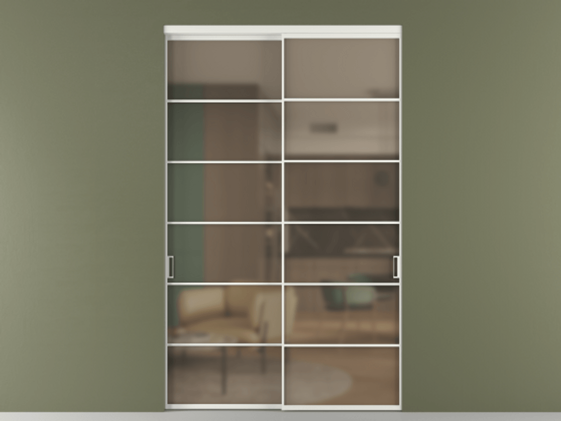 Межкомнатная дверь New Перегородка Formato внутри проёма двустворчатая АЛПР 040.04 Алюминий светло-серый Сатинированное бронзовое стекло, триплекс Цена 2775180  | Volhovec