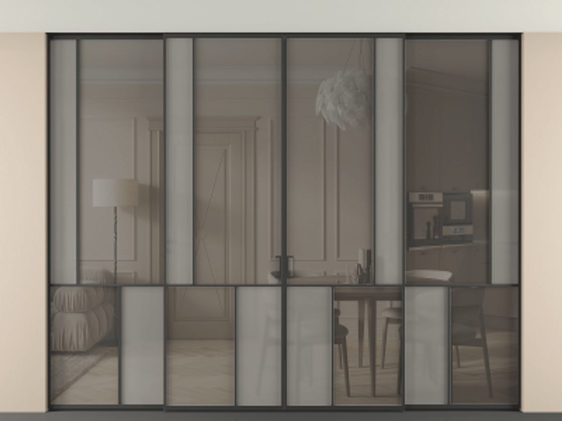 Перегородка Мозаик внутри проёма скрытое крепление в потолок 4 створки АЛПР 041.21 Алюминий Черный Сатинированное серое стекло, триплекс, 6 мм + Прозрачное серое стекло, триплекс Цена 4340498 ₸ | Volhovec