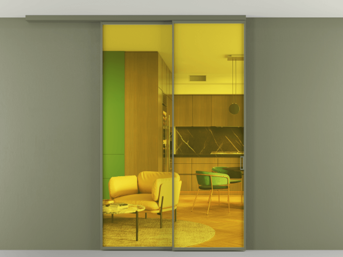 Перегородка Formato вдоль стены на потолок 2 створки с синхронным механизмом АЛПР 040.01 Алюминий оливковый тёмный Прозрачное жёлтое стекло, триплекс Цена 1971686 ₸ | Volhovec