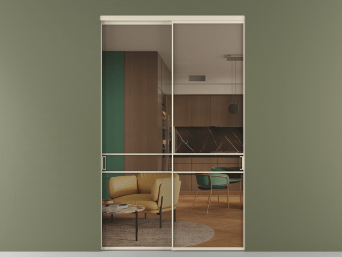 Межкомнатная дверь New Перегородка Formato внутри проёма двустворчатая АЛПР 040.02 Алюминий бежево-серый Прозрачное бронзовое стекло, триплекс Цена 2697300  | Volhovec