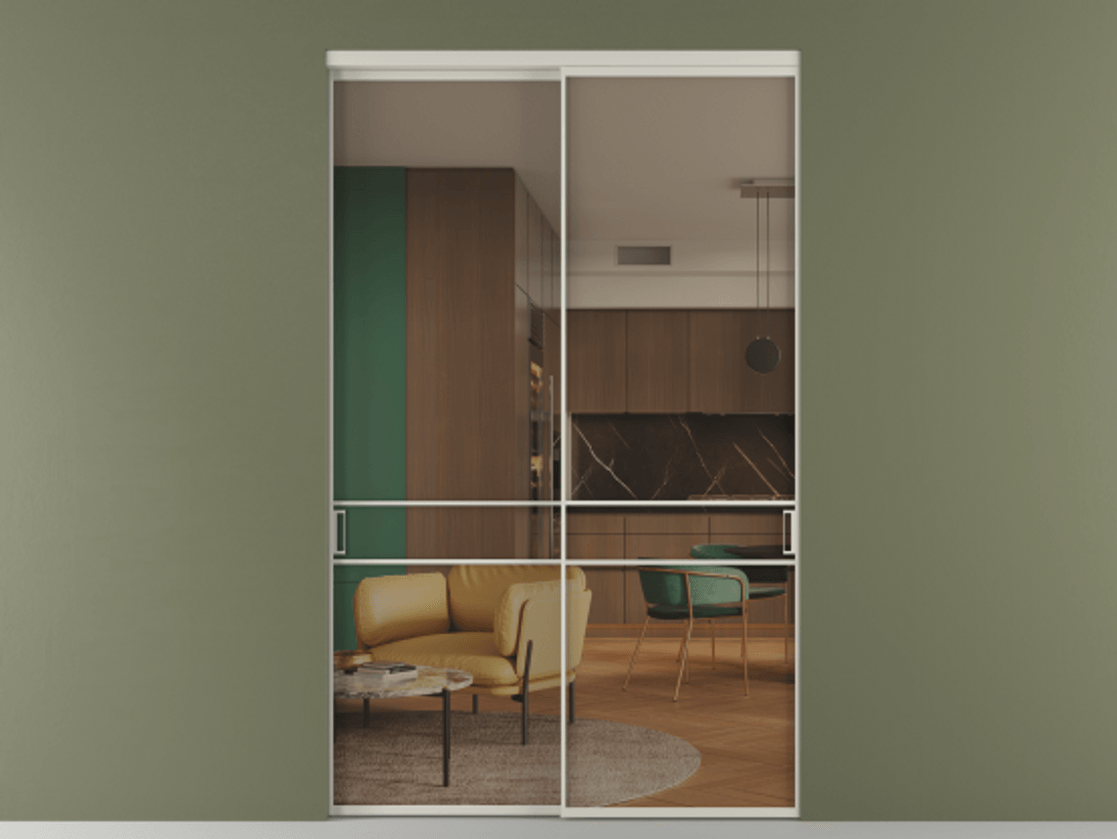 Межкомнатная дверь New Перегородка Formato внутри проёма двустворчатая АЛПР 040.02 Алюминий тёплый серый Прозрачное бронзовое стекло, триплекс Цена 2697300  | Volhovec