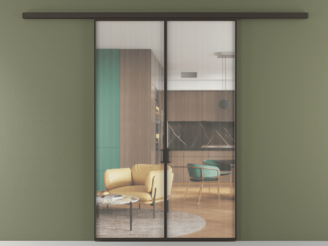 Перегородка Formato вдоль стены 2 створки АЛПР 040.01 Алюминий антрацит Рифлёное стекло "Moru", триплекс Цена 1292430 ₸ | Volhovec