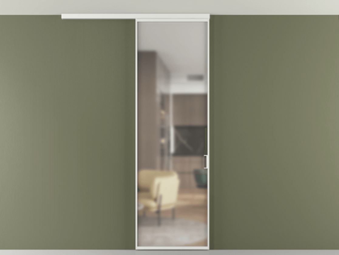 Перегородка Формато вдоль стены на потолок 1 створка АЛПР 040.01 Алюминий белоснежный Сатинированное стекло "Мателюкс Кристал Вижн", калёное, матовое, каленое 6 мм Цена 903949 ₸ | Volhovec