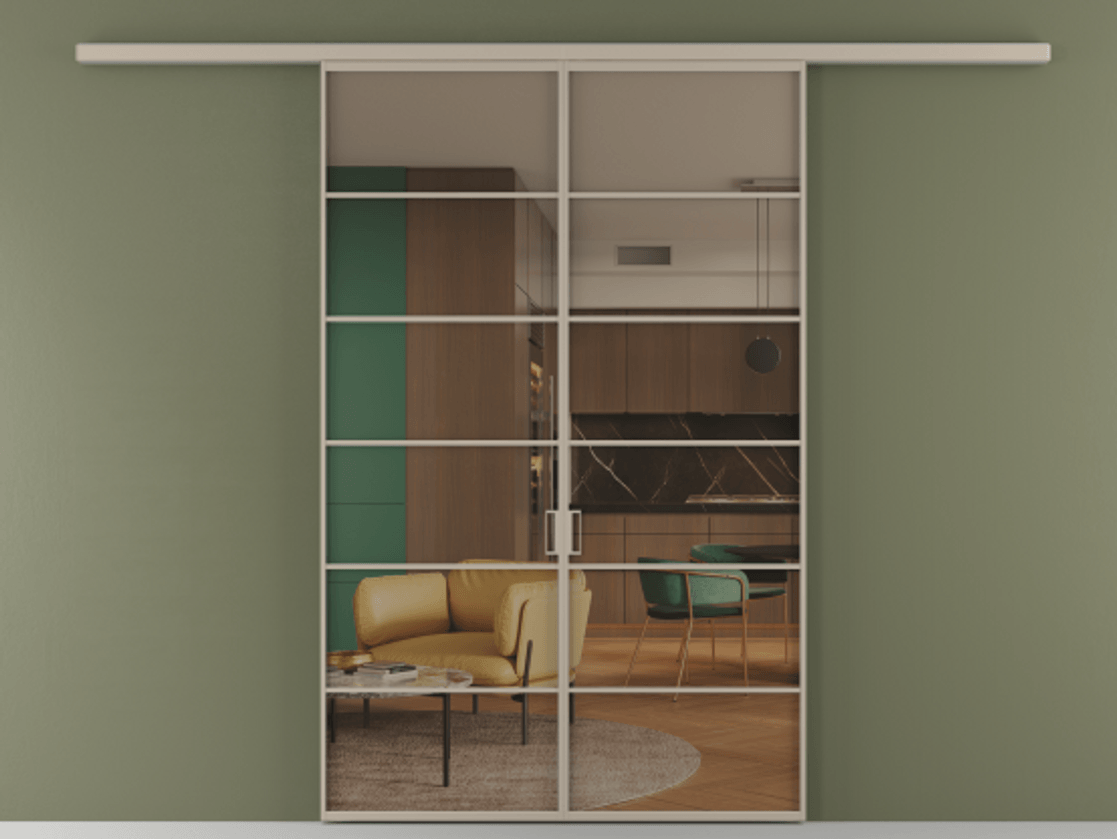 Перегородка Formato вдоль стены 2 створки АЛПР 040.04 Алюминий бисквитный Прозрачное бронзовое стекло, триплекс Цена 1344350 ₸ | Volhovec