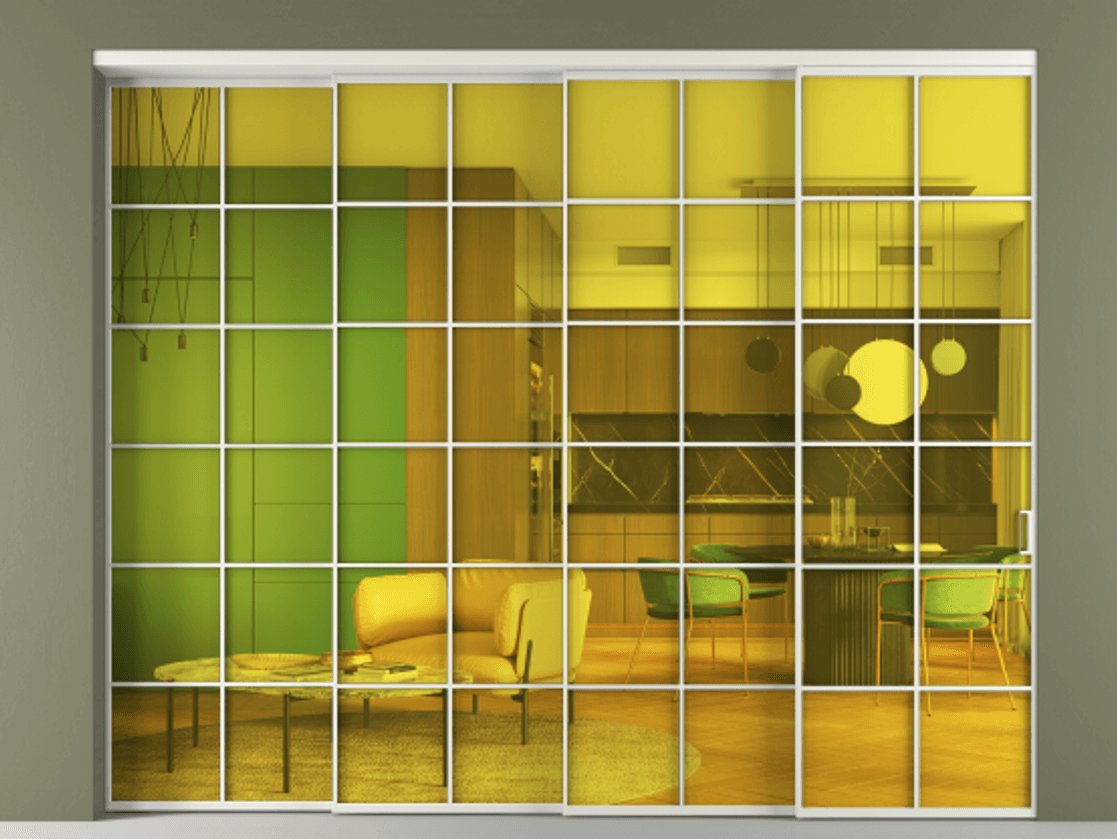 Перегородка Формато внутри проёма 4 створки с синхронным механизмом АЛПР 040.05 Алюминий серый Прозрачное жёлтое стекло, триплекс Цена 3569076 ₸ | Volhovec