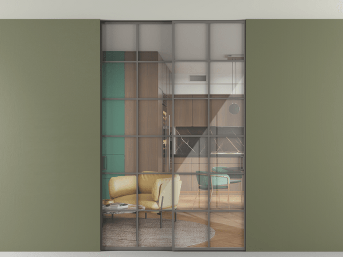 Перегородка Formato внутри проёма скрытое крепление в потолок 2 створки АЛПР 040.05 Алюминий классический серый Рефлективное прозрачное стекло "Stopsol", калёное Цена 2013520 ₸ | Volhovec