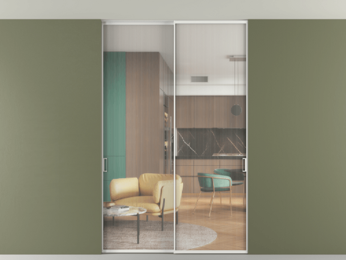 Перегородка Formato внутри проёма скрытое крепление в потолок 2 створки АЛПР 040.01 Алюминий белоснежный Рифлёное стекло "Moru", триплекс Цена 1620980 ₸ | Volhovec