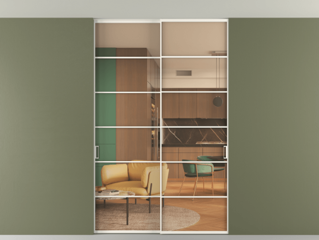 Перегородка Formato внутри проёма скрытое крепление в потолок 2 створки АЛПР 040.04 Алюминий пудровый белый Прозрачное оранжевое стекло, триплекс Цена 1686100 ₸ | Volhovec