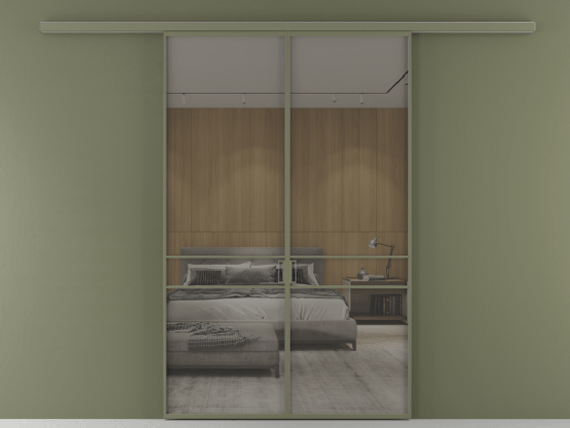 Перегородка Formato вдоль стены 2 створки АЛПР 040.02 Алюминий оливковый тёмный Рефлективное серое стекло "Stopsol", калёное Цена 1553760 ₸ | Volhovec