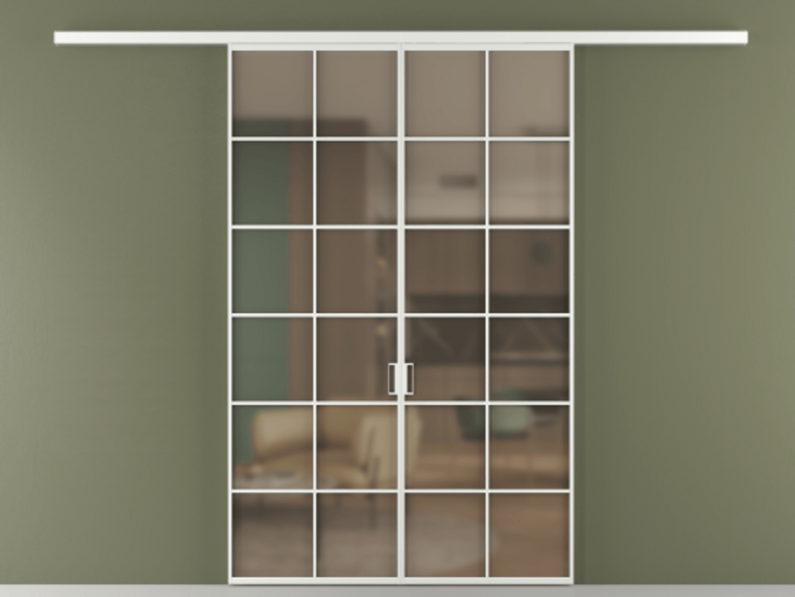 Перегородка Formato вдоль стены двустворчатая АЛПР 040.05 Алюминий белоснежный Сатинированное бронзовое стекло, триплекс Цена 1344350 ₸ | Volhovec